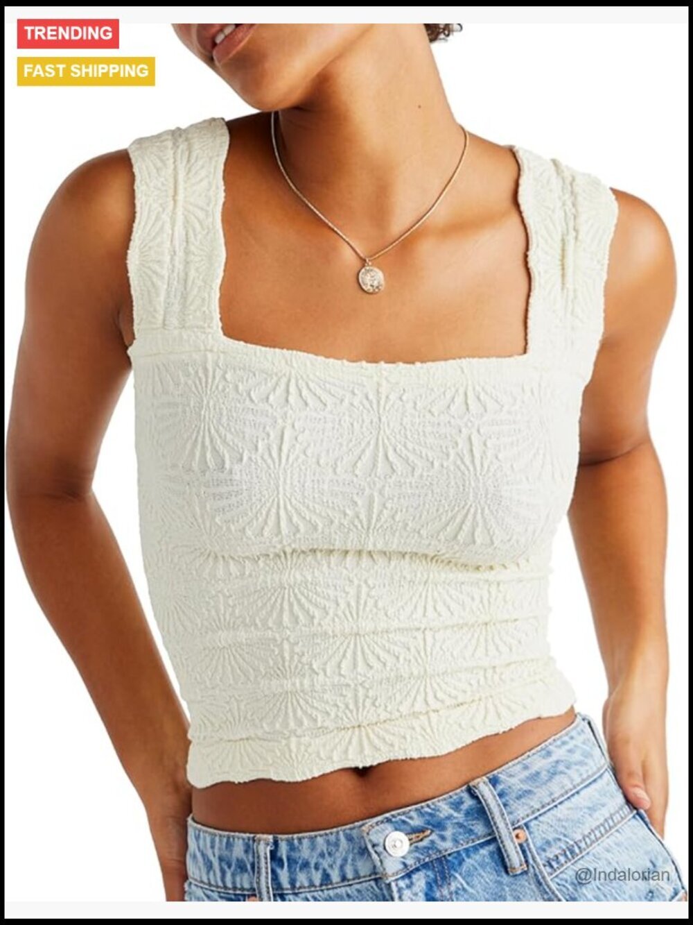Square Neck Wide Strap Crop Tank Top with Flower Embroidery Lettuce Trim
